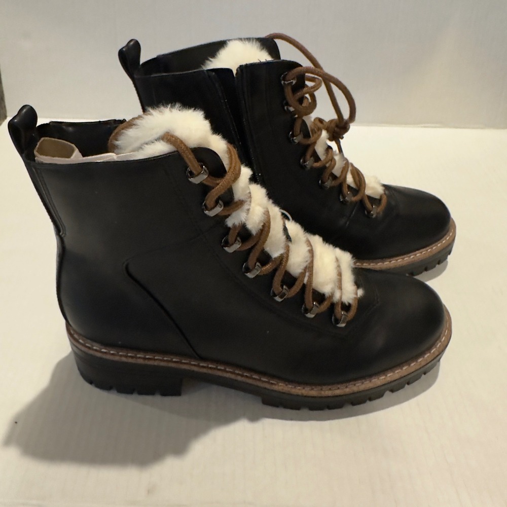 A New Day Leighton Black Faux Fur Trim Combat Boots Side Zip Lug Sole Mens 9